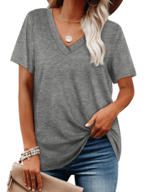 NSQTBA Shirts for Women V Neck Casual Short Sleeve Summer T-Shirts Grey S