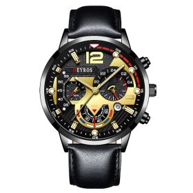 Fashion Mens Sports Watches Luxury Stainless Steel Quartz Wrist Watch Calendar Luminous Clock Men Business Casual Leather Watch (Color: Leather Black Gold)