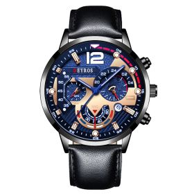 Fashion Mens Sports Watches Luxury Stainless Steel Quartz Wrist Watch Calendar Luminous Clock Men Business Casual Leather Watch (Color: Leather Black Blue)
