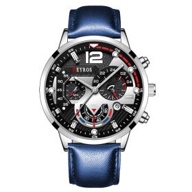 Fashion Mens Sports Watches Luxury Stainless Steel Quartz Wrist Watch Calendar Luminous Clock Men Business Casual Leather Watch (Color: Leather Silver Blue)