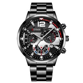 Fashion Mens Sports Watches Luxury Stainless Steel Quartz Wrist Watch Calendar Luminous Clock Men Business Casual Leather Watch (Color: Steel Black Silver)