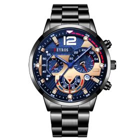 Fashion Mens Sports Watches Luxury Stainless Steel Quartz Wrist Watch Calendar Luminous Clock Men Business Casual Leather Watch (Color: Steel Black Blue)