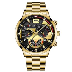 Fashion Mens Sports Watches Luxury Stainless Steel Quartz Wrist Watch Calendar Luminous Clock Men Business Casual Leather Watch (Color: Steel Gold Black)