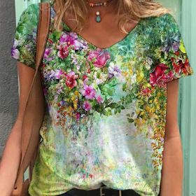 Women Summer T Shirt Vintage Valentines Day Heart Print Short Sleeve Tees Casual Flower Printed Shaped Faded Pullover Tops (Color: WA02212-Green, size: L)