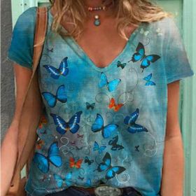 Women Summer T Shirt Vintage Valentines Day Heart Print Short Sleeve Tees Casual Flower Printed Shaped Faded Pullover Tops (Color: WA02212-Sky blue, size: XL)