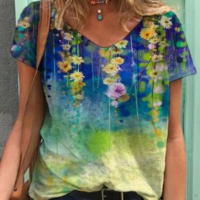 Women Summer T Shirt Vintage Valentines Day Heart Print Short Sleeve Tees Casual Flower Printed Shaped Faded Pullover Tops (Color: WA02212-Blue, size: 4XL)