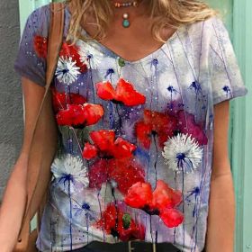 Women Summer T Shirt Vintage Valentines Day Heart Print Short Sleeve Tees Casual Flower Printed Shaped Faded Pullover Tops (Color: WA02212-Red, size: 2XL)