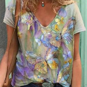 Women Summer T Shirt Vintage Valentines Day Heart Print Short Sleeve Tees Casual Flower Printed Shaped Faded Pullover Tops (Color: WA02212-Light purple, size: 2XL)