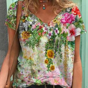 Women Summer T Shirt Vintage Valentines Day Heart Print Short Sleeve Tees Casual Flower Printed Shaped Faded Pullover Tops (Color: WA02212-pink, size: L)