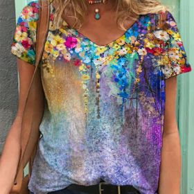 Women Summer T Shirt Vintage Valentines Day Heart Print Short Sleeve Tees Casual Flower Printed Shaped Faded Pullover Tops (Color: WA02212-Purple, size: 5XL)