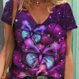 Women Summer T Shirt Vintage Valentines Day Heart Print Short Sleeve Tees Casual Flower Printed Shaped Faded Pullover Tops (Color: WA02212-Dark purple, size: S)