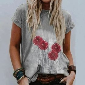 Women Summer T Shirt Vintage Valentines Day Heart Print Short Sleeve Tees Casual Flower Printed Shaped Faded Pullover Tops (Color: EA01612-Type6, size: S)