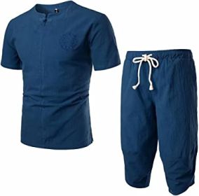 Men's Embroidered Short Sleeved T-shirt and Cropped Trousers Two-piece suit (Specification: BLUE-XL)