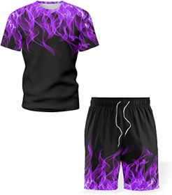 Men's Short-sleeved T-shirt Running Loose Casual Flame Print Sports Suit (Specification: VIOLET-S)