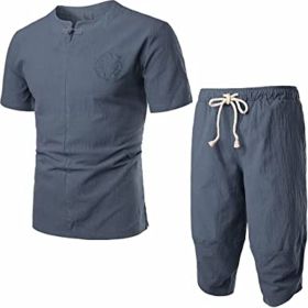 Men's Embroidered Short Sleeved T-shirt and Cropped Trousers Two-piece suit (Specification: GRAY-XXL)