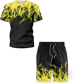 Men's Short-sleeved T-shirt Running Loose Casual Flame Print Sports Suit (Specification: YELLOW-S)