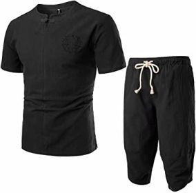 Men's Embroidered Short Sleeved T-shirt and Cropped Trousers Two-piece suit (Specification: BLACK-L)