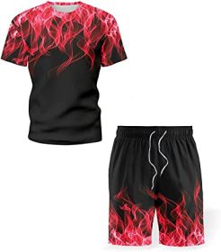 Men's Short-sleeved T-shirt Running Loose Casual Flame Print Sports Suit (Specification: RED-M)