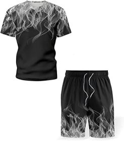 Men's Short-sleeved T-shirt Running Loose Casual Flame Print Sports Suit (Specification: BLACK-M)