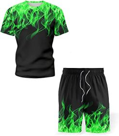 Men's Short-sleeved T-shirt Running Loose Casual Flame Print Sports Suit (Specification: GREEN-L)
