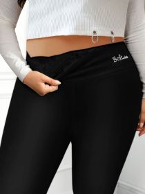 Plus Size Casual Leggings, Women's Plus Letter Print Liner Fleece High Rise Slight Stretch Leggings (Color: Burgundy, size: 3XL(18))