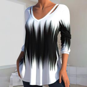 Classic Autumn Blouse Loose Hem Dressing Up Anti Pilling Gradient Print Lady Tunic Blouse (Color: Blue, size: M)