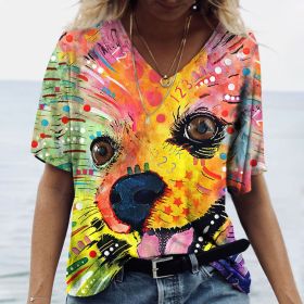 Women's V-neck Top Short Sleeve T-shirts Summer New 3D Cute Dog Print Casual Lovely Harajuku Versatile (Color: WVLDXM210-0159, size: 3XL)