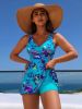 2026 New Lake Blue Floral Print Tankini Swimsuit Women's Loose Ruffle Hem Cover-Up Two-Piece Bathing Suit for Beach Vacation, Casual Slimming Style