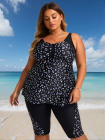 2026 New Plus Size Blue Dot Print Two-Piece Swimsuit Women's U-Neck Ruched Tank Top + Knee-Length Bottoms for Beach Vacation, Casual & Modest Slimming (Color: Black, size: 1XL)