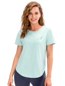 Women's Performance Short Sleeve Shirt (Light Peach: Blue Mist, size: medium)