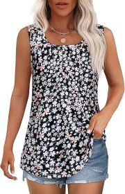 Women's Summer Tank Tops Square Neck Dressy Casual Sleeveless Blouses Plus Scooped Neck Pleated Work Shirts (Color: Black Pink Floral, size: XL)
