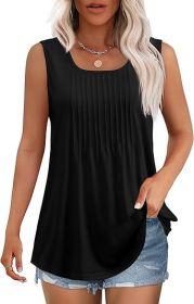 Women's Summer Tank Tops Square Neck Dressy Casual Sleeveless Blouses Plus Scooped Neck Pleated Work Shirts (Color: Black, size: M)