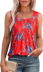 Women's Summer Tank Tops Square Neck Dressy Casual Sleeveless Blouses Plus Scooped Neck Pleated Work Shirts (Color: Red Floral, size: S)