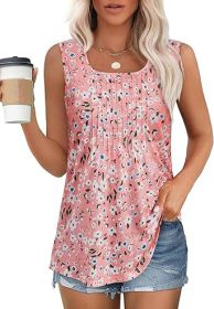 Women's Summer Tank Tops Square Neck Dressy Casual Sleeveless Blouses Plus Scooped Neck Pleated Work Shirts (Color: Pink Flower, size: 2XL)