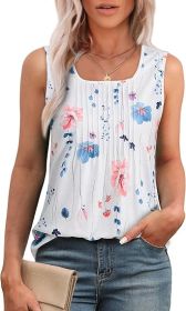 Women's Summer Tank Tops Square Neck Dressy Casual Sleeveless Blouses Plus Scooped Neck Pleated Work Shirts (Color: White Floral, size: L)