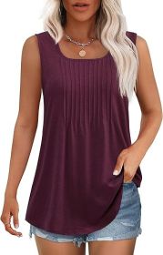 Women's Summer Tank Tops Square Neck Dressy Casual Sleeveless Blouses Plus Scooped Neck Pleated Work Shirts (Color: Purple Red, size: L)