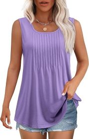 Women's Summer Tank Tops Square Neck Dressy Casual Sleeveless Blouses Plus Scooped Neck Pleated Work Shirts (Color: Purple, size: M)