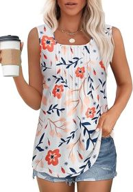 Women's Summer Tank Tops Square Neck Dressy Casual Sleeveless Blouses Plus Scooped Neck Pleated Work Shirts (Color: White Flower, size: M)