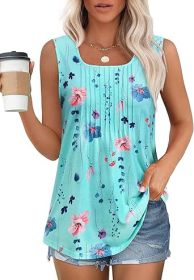Women's Summer Tank Tops Square Neck Dressy Casual Sleeveless Blouses Plus Scooped Neck Pleated Work Shirts (Color: Light Blue Floral, size: XL)