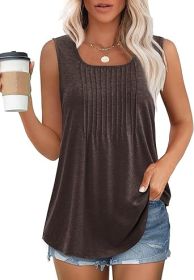 Women's Summer Tank Tops Square Neck Dressy Casual Sleeveless Blouses Plus Scooped Neck Pleated Work Shirts (Color: Coffee, size: M)