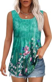 Women's Summer Tank Tops Square Neck Dressy Casual Sleeveless Blouses Plus Scooped Neck Pleated Work Shirts (Color: Green Floral, size: L)