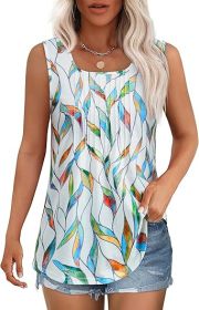 Women's Summer Tank Tops Square Neck Dressy Casual Sleeveless Blouses Plus Scooped Neck Pleated Work Shirts (Color: Multi Color Leaf, size: 3XL)
