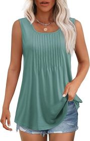 Women's Summer Tank Tops Square Neck Dressy Casual Sleeveless Blouses Plus Scooped Neck Pleated Work Shirts (Color: Green, size: 3XL)