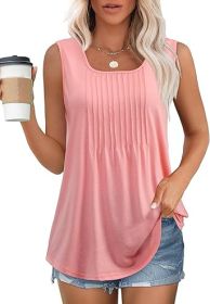 Women's Summer Tank Tops Square Neck Dressy Casual Sleeveless Blouses Plus Scooped Neck Pleated Work Shirts (Color: Pink, size: XL)