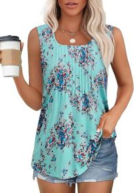 Women's Summer Tank Tops Square Neck Dressy Casual Sleeveless Blouses Plus Scooped Neck Pleated Work Shirts (Color: Light Blue Printed, size: 2XL)
