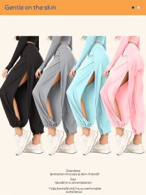 [4 Pack High Waist Split Pants]Women's Loose Fit Yoga Trousers, Black+Gray+Blue+Pink Elastic Waist Workout Pants with Side Slit (Color: Black+Gray+Blue+Pink, size: L)