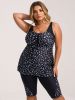 2026 New Plus Size Blue Dot Print Two-Piece Swimsuit Women's U-Neck Ruched Tank Top + Knee-Length Bottoms for Beach Vacation, Casual & Modest Slimming