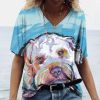 Women's V-neck Top Short Sleeve T-shirts Summer New 3D Cute Dog Print Casual Lovely Harajuku Versatile